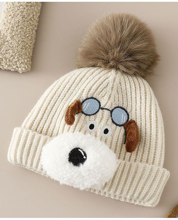 Babyhug Woollen Cap with Pom Pom & Animal Applique in Sky Blue - Diameter 16 cm