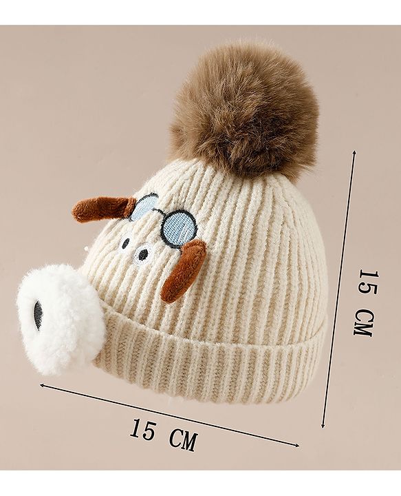 Babyhug Woollen Cap with Pom Pom & Animal Applique in Sky Blue - Diameter 16 cm