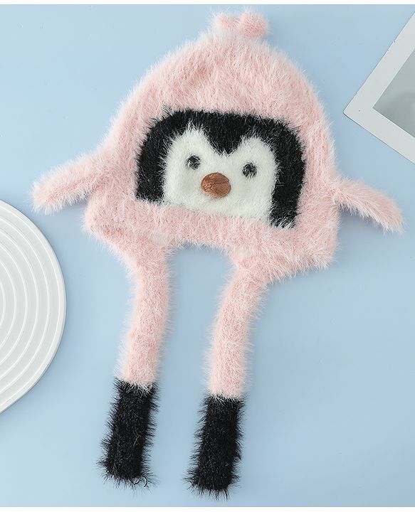 Babyhug Woollen Cap With Panda Design in Pink - Diameter 19 cm