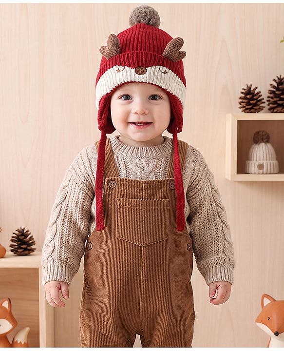Babyhug Woollen Horn Designed Cap featuring Reindeer Antler Details and Pom-Pom Cap Red - Diameter 10.5 cm