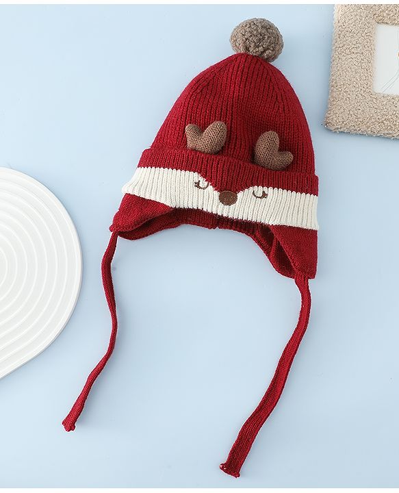 Babyhug Woollen Horn Designed Cap featuring Reindeer Antler Details and Pom-Pom Cap Red - Diameter 10.5 cm