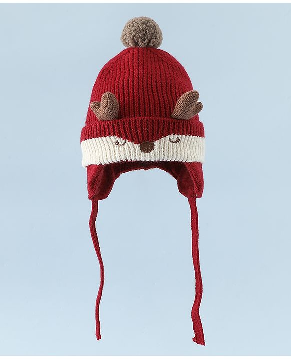 Babyhug Woollen Horn Designed Cap featuring Reindeer Antler Details and Pom-Pom Cap Red - Diameter 10.5 cm