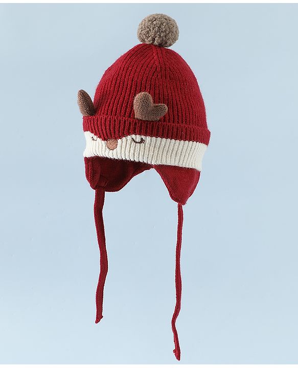 Babyhug Woollen Horn Designed Cap featuring Reindeer Antler Details and Pom-Pom Cap Red - Diameter 10.5 cm