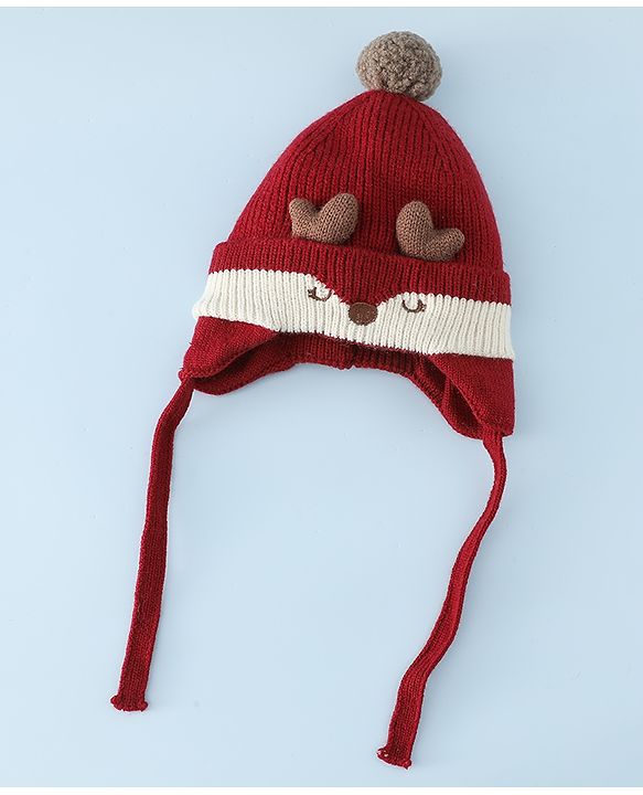 Babyhug Woollen Horn Designed Cap featuring Reindeer Antler Details and Pom-Pom Cap Red - Diameter 10.5 cm