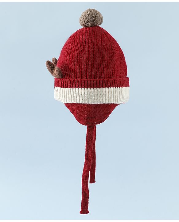 Babyhug Woollen Horn Designed Cap featuring Reindeer Antler Details and Pom-Pom Cap Red - Diameter 10.5 cm