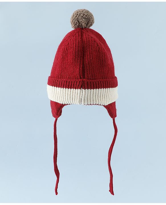 Babyhug Woollen Horn Designed Cap featuring Reindeer Antler Details and Pom-Pom Cap Red - Diameter 10.5 cm