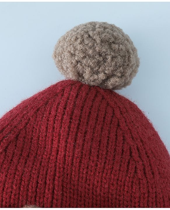 Babyhug Woollen Horn Designed Cap featuring Reindeer Antler Details and Pom-Pom Cap Red - Diameter 10.5 cm