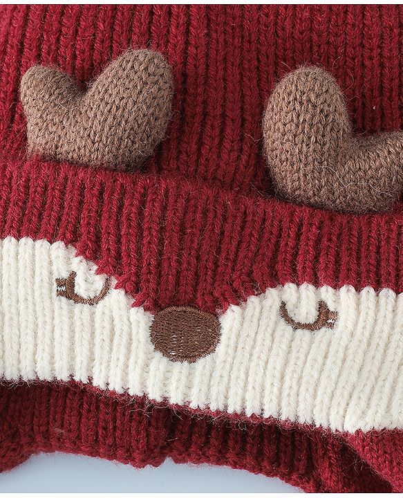 Babyhug Woollen Horn Designed Cap featuring Reindeer Antler Details and Pom-Pom Cap Red - Diameter 10.5 cm