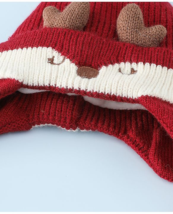 Babyhug Woollen Horn Designed Cap featuring Reindeer Antler Details and Pom-Pom Cap Red - Diameter 10.5 cm