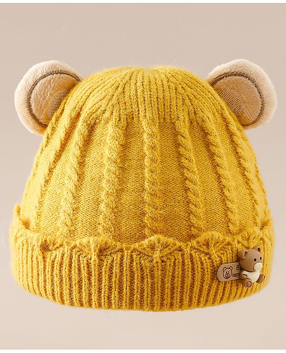 Babyhug Woollen Cap With Ear & Teddy Bear Applique Yellow - Diameter 9 cm