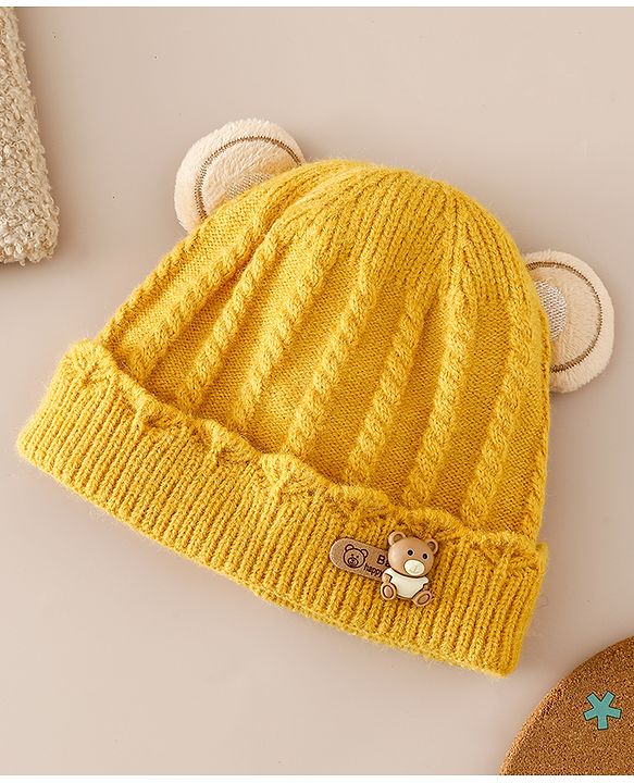 Babyhug Woollen Cap With Ear & Teddy Bear Applique Yellow - Diameter 9 cm