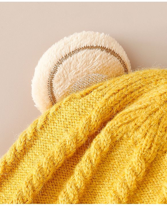 Babyhug Woollen Cap With Ear & Teddy Bear Applique Yellow - Diameter 9 cm