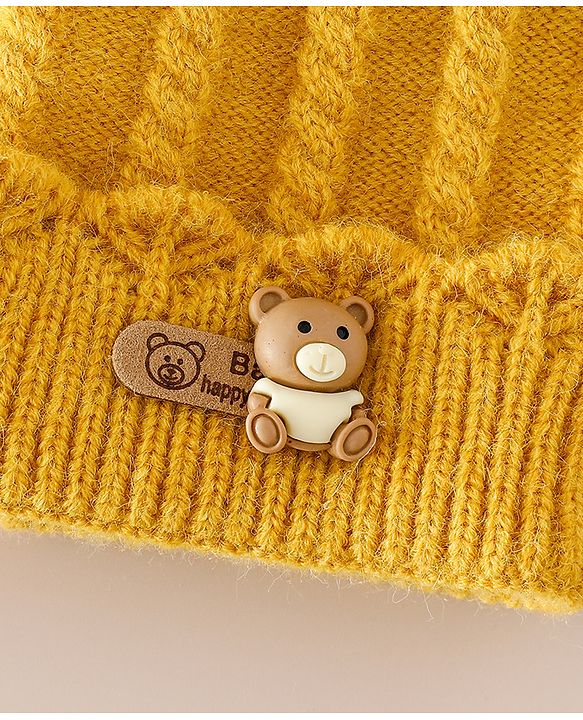Babyhug Woollen Cap With Ear & Teddy Bear Applique Yellow - Diameter 9 cm
