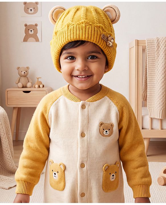 Babyhug Woollen Cap With Ear & Teddy Bear Applique Yellow - Diameter 9 cm