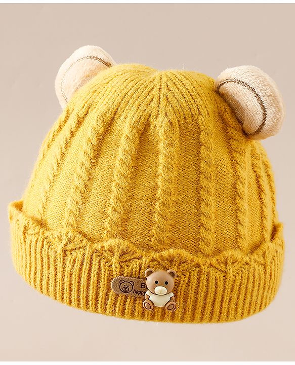 Babyhug Woollen Cap With Ear & Teddy Bear Applique Yellow - Diameter 9 cm