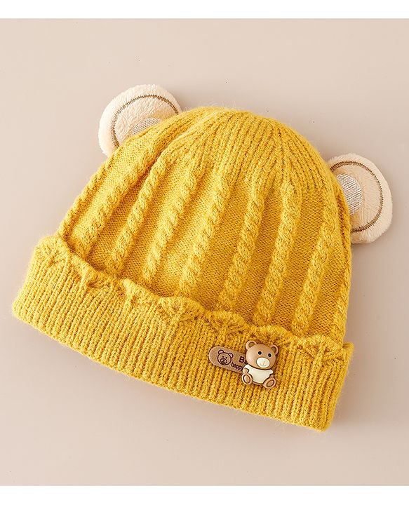 Babyhug Woollen Cap With Ear & Teddy Bear Applique Yellow - Diameter 9 cm