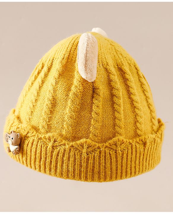 Babyhug Woollen Cap With Ear & Teddy Bear Applique Yellow - Diameter 9 cm