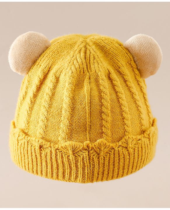 Babyhug Woollen Cap With Ear & Teddy Bear Applique Yellow - Diameter 9 cm
