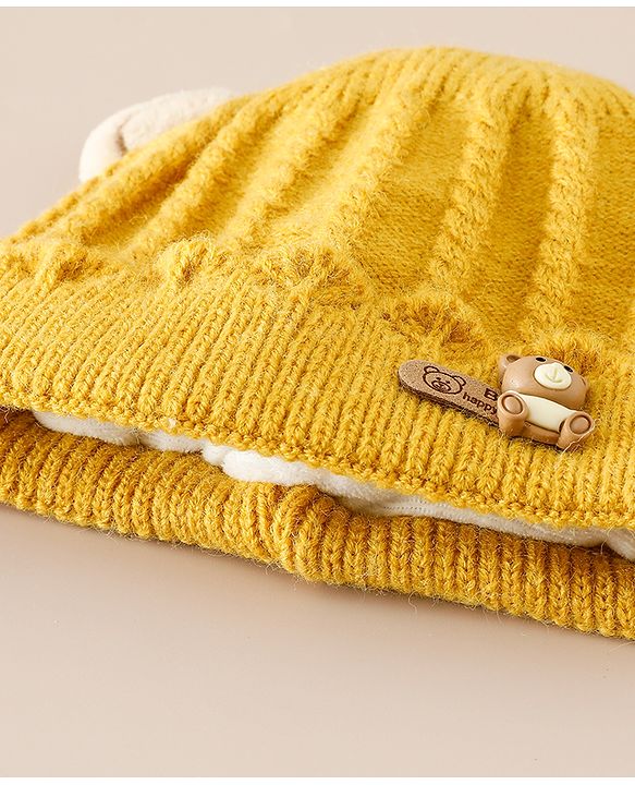 Babyhug Woollen Cap With Ear & Teddy Bear Applique Yellow - Diameter 9 cm