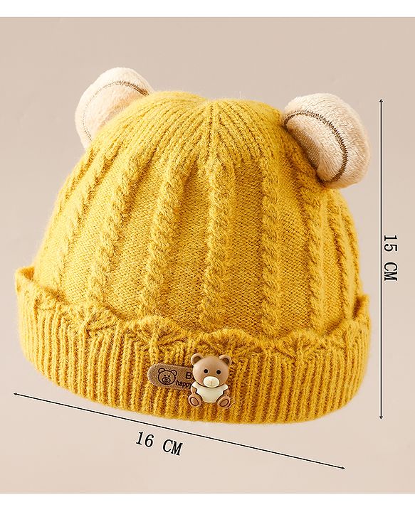 Babyhug Woollen Cap With Ear & Teddy Bear Applique Yellow - Diameter 9 cm