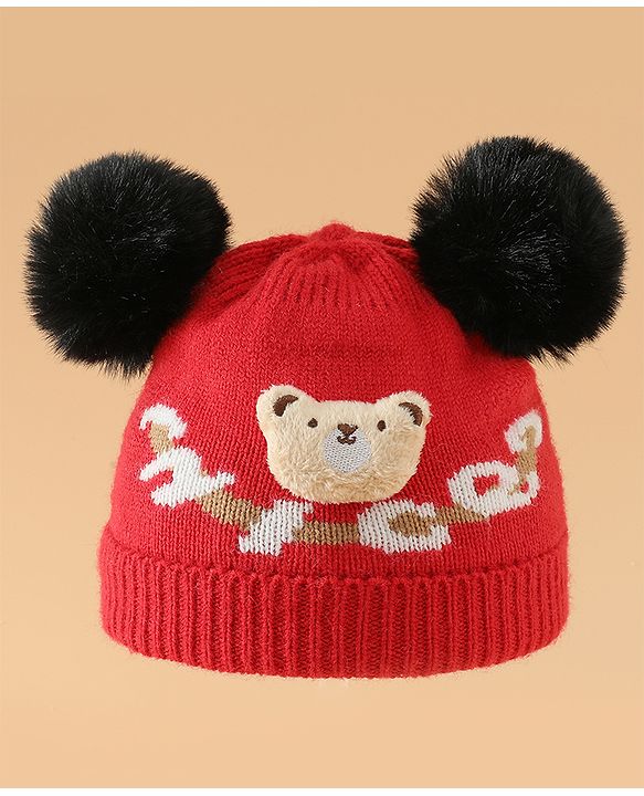 Babyhug Woollen Cap With Bear Design in Red - Diameter 16 cm