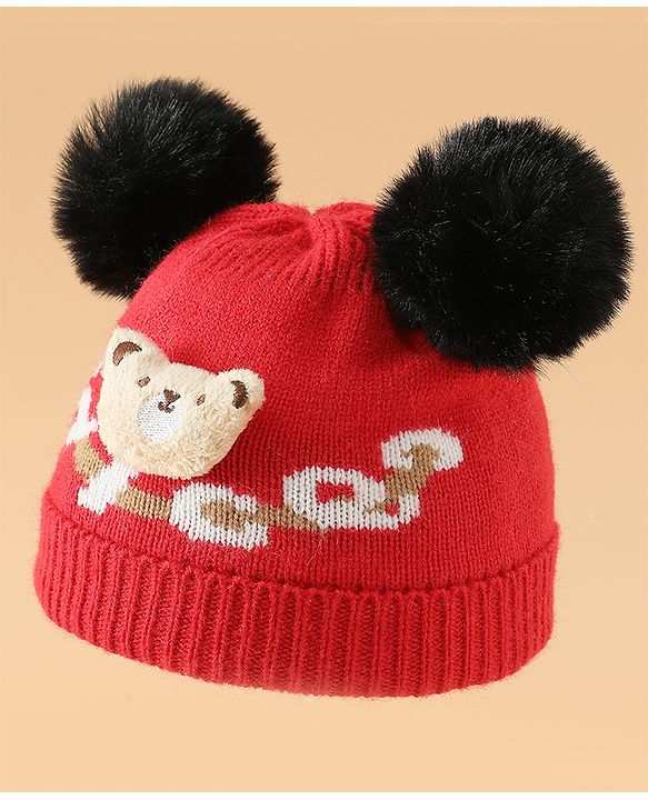 Babyhug Woollen Cap With Bear Design in Red - Diameter 16 cm