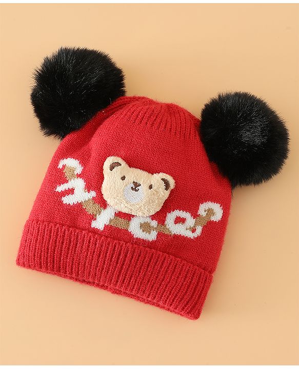 Babyhug Woollen Cap With Bear Design in Red - Diameter 16 cm