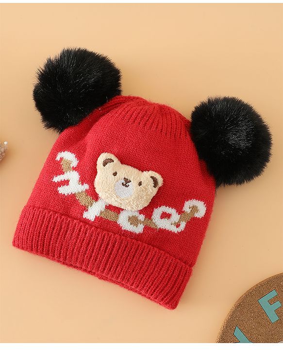 Babyhug Woollen Cap With Bear Design in Red - Diameter 16 cm