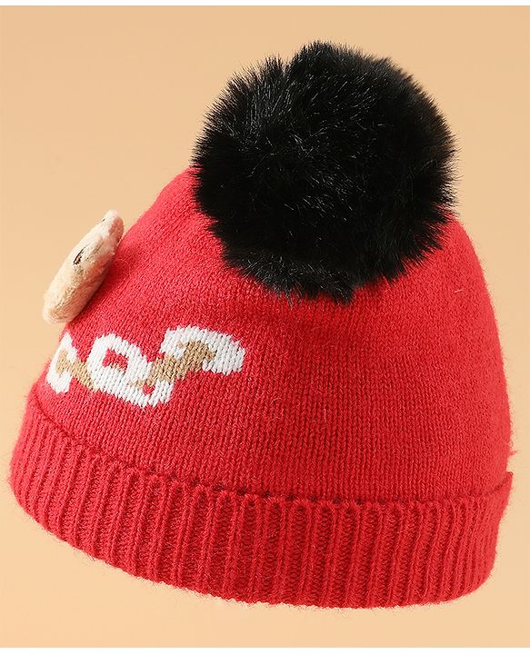 Babyhug Woollen Cap With Bear Design in Red - Diameter 16 cm