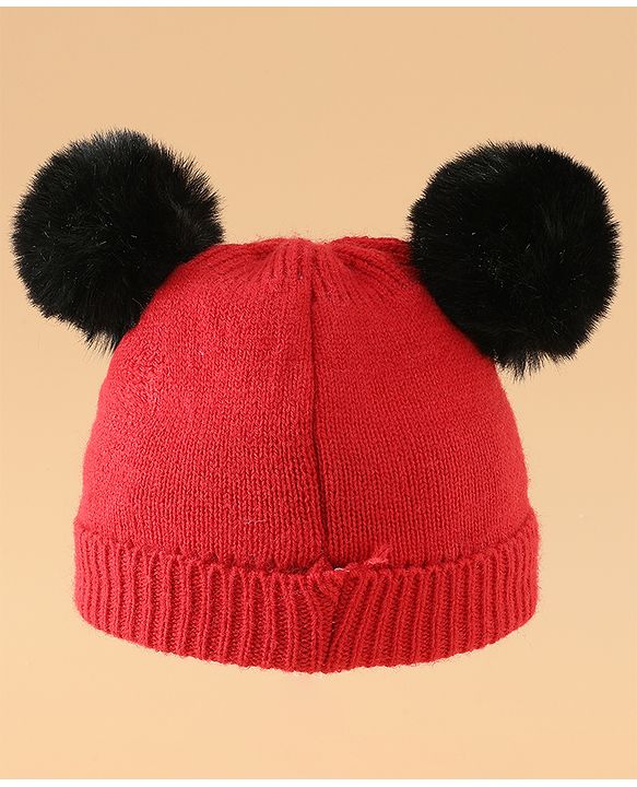 Babyhug Woollen Cap With Bear Design in Red - Diameter 16 cm