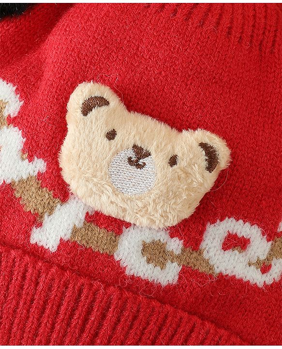 Babyhug Woollen Cap With Bear Design in Red - Diameter 16 cm