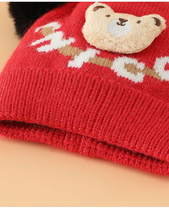 Babyhug Woollen Cap With Bear Design in Red - Diameter 16 cm
