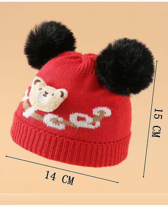 Babyhug Woollen Cap With Bear Design in Red - Diameter 16 cm