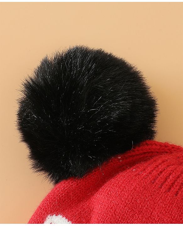 Babyhug Woollen Cap With Bear Design in Red - Diameter 16 cm