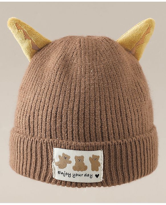Babyhug Woollen Cap with Ear & Bear Patch in Brown - Diameter 16 cm