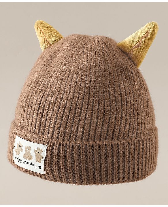 Babyhug Woollen Cap with Ear & Bear Patch in Brown - Diameter 16 cm