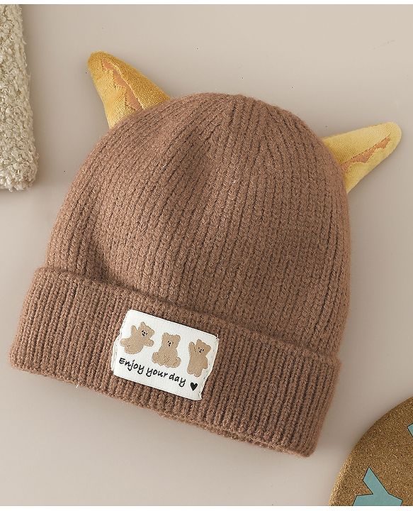 Babyhug Woollen Cap with Ear & Bear Patch in Brown - Diameter 16 cm
