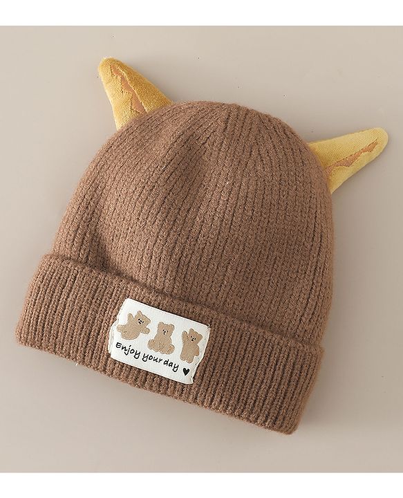 Babyhug Woollen Cap with Ear & Bear Patch in Brown - Diameter 16 cm