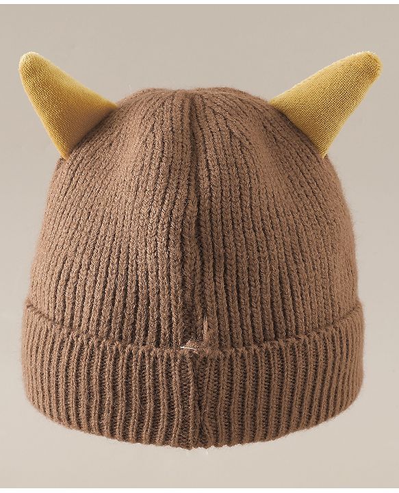 Babyhug Woollen Cap with Ear & Bear Patch in Brown - Diameter 16 cm