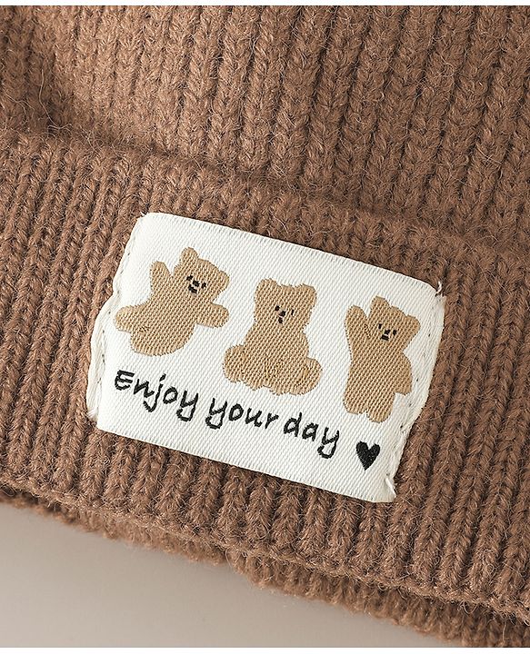 Babyhug Woollen Cap with Ear & Bear Patch in Brown - Diameter 16 cm
