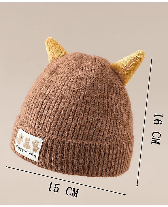 Babyhug Woollen Cap with Ear & Bear Patch in Brown - Diameter 16 cm