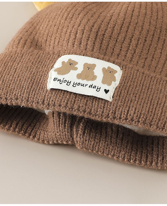 Babyhug Woollen Cap with Ear & Bear Patch in Brown - Diameter 16 cm