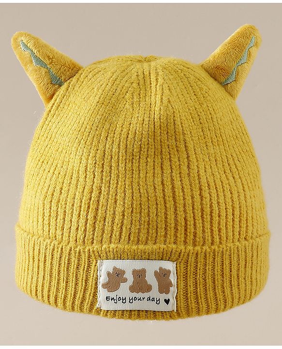 Babyhug Woollen Cap with Ear & Bear Patch in Brown - Diameter 16 cm