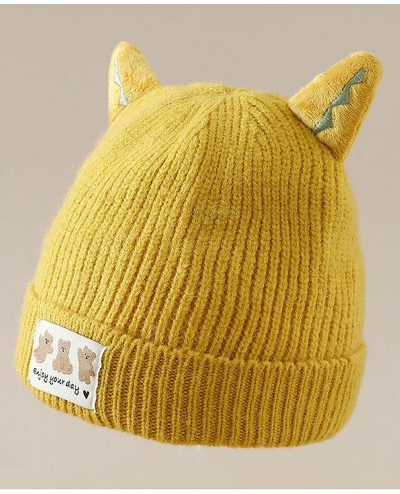 Babyhug Woollen Cap with Ear & Bear Patch in Brown - Diameter 16 cm