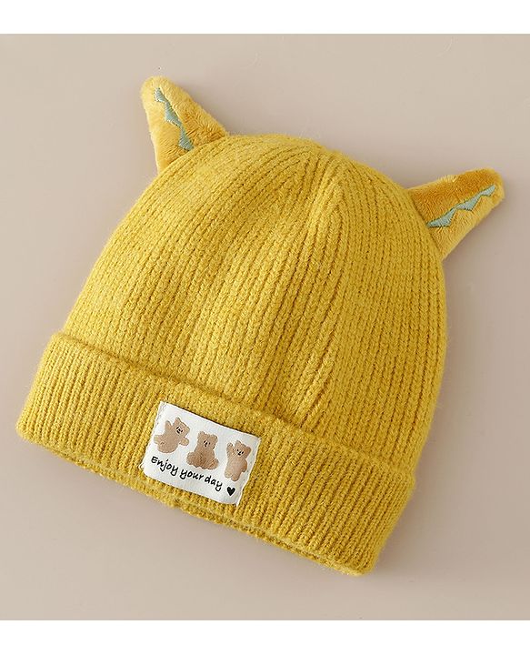 Babyhug Woollen Cap with Ear & Bear Patch in Brown - Diameter 16 cm