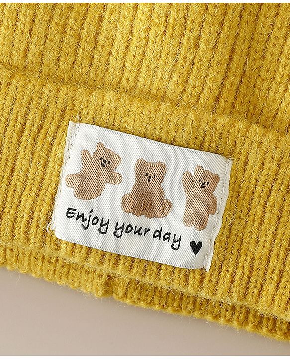 Babyhug Woollen Cap with Ear & Bear Patch in Brown - Diameter 16 cm