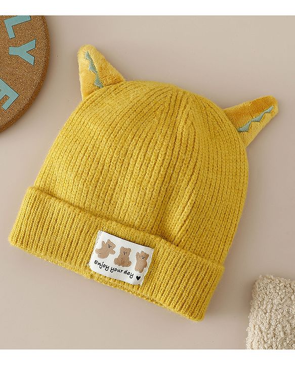 Babyhug Woollen Cap with Ear & Bear Patch in Brown - Diameter 16 cm