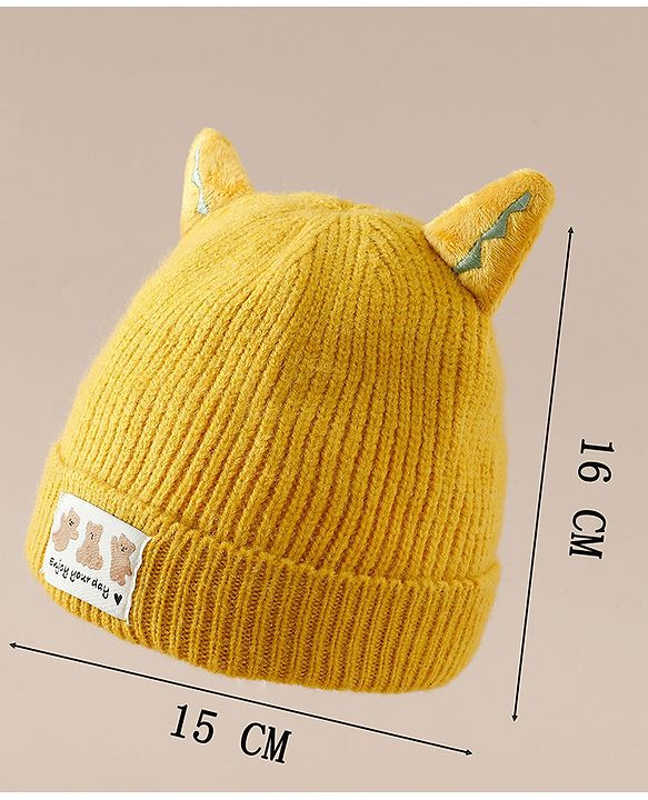 Babyhug Woollen Cap with Ear & Bear Patch in Brown - Diameter 16 cm