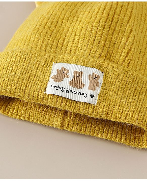 Babyhug Woollen Cap with Ear & Bear Patch in Brown - Diameter 16 cm