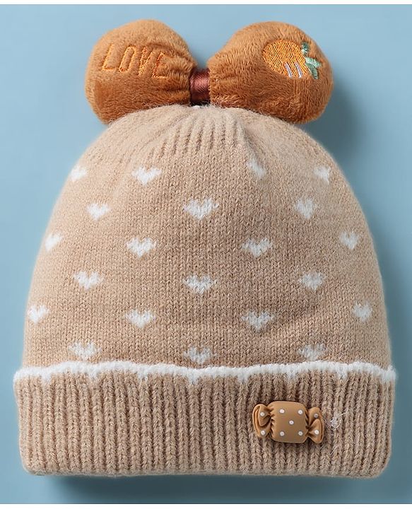 Babyhug Woollen Cap with Candy Bow Applique & Heart Design Beige - Diameter 9 cm